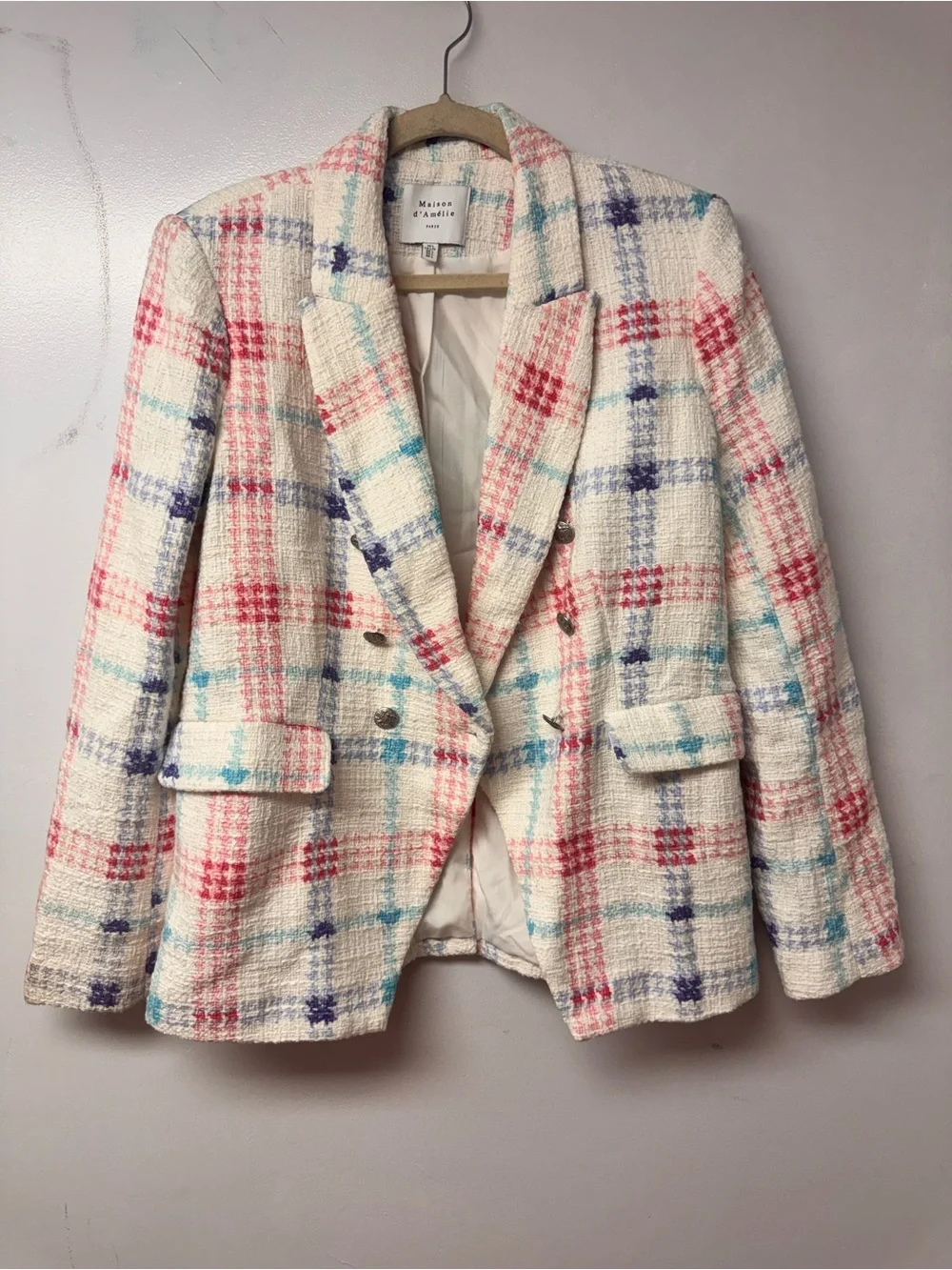 Maison d’Amelie Paris Blazer L Pastel Plaid Tweed Double Breasted Preppy Chic E